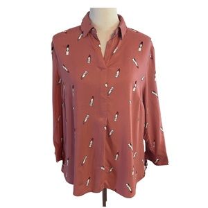 COMO BLACK Lightweight Lipstick Graphic Long Sleeve Blouse Size Medium